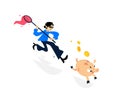 Illustration of a thief running after a piggy bank with a net. Vector illustration. Image is isolated on white background. A