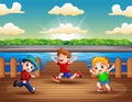 Illustration of three boys running at the port Royalty Free Stock Photo