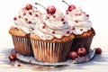 An illustration of three brown cupcakes in liners with whipped cream and red charry and berry decorations on a silver
