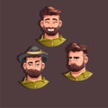 Illustration of three brutal bearded men with different emotions: smile, seriousness, laughter