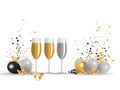 Illustration of three champagne glasses, balloons serpentine confetti on white background.New Year\'s Eve background, banner