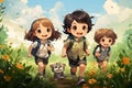 Illustration of Three Children Exploring Nature in a Flower-filled Clearing