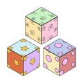 Illustration of three children`s cubes with multicolored sides and different patterns. Isolated vector on white background. Royalty Free Stock Photo