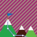 Illustration of Three Colorful Mountains with Trail and White Snowy Top with Flag on One Peak. Creative Background