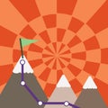 Illustration of Three Colorful Mountains with Trail and White Snowy Top with Flag on One Peak. Creative Background