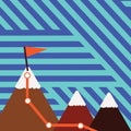 Illustration of Three Colorful Mountains with Trail and White Snowy Top with Flag on One Peak. Creative Background