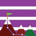 Illustration of Three Colorful Mountains with Trail and White Snowy Top with Flag on One Peak. Creative Background