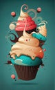 Illustration of three cupcakes with icing. Generative AI Royalty Free Stock Photo