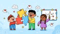 Kids Teamwork Children Solving Jigsaw Puzzle, Education Concept Royalty Free Stock Photo
