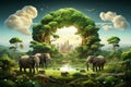 an illustration of three elephants in a forest with trees and a city in the background