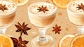 Illustration of three glasses with coconut cream and rum. Coquito cocktail design.