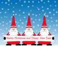 An illustration of three gnome santas against a blue background with snowflakes