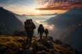 Illustration of three hikers walking toward the edge of a mountain at sunset