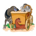 Illustration of three horses, one of which is harnessed to a cart, the second looks under the cart at a foal, cartoon illustration Royalty Free Stock Photo