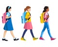 Three isolated figures of girls going to school