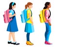 Three isolated figures of girls standing with school backpacks