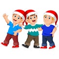 Three men uses the christmas hat is standing and talking