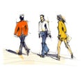 Illustration: three people walking along a city street. Sketch made with marker and watercolor. Generative ai. Royalty Free Stock Photo