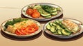 Illustration of three plates with different kinds of vegetables on a light background
