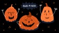 Illustration of three pumpkins with faces on a black background. Funny characters trying to scare. Children's