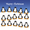 An illustration of three rows of cute cartoon baby penguins