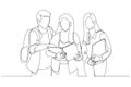 Illustration of three students learning reading a notebook and commenting in the street. Single line art style