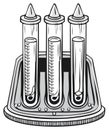 Illustration of three test tubes with liquid inside, set in a gray stand in a lab, chemistry tools Royalty Free Stock Photo