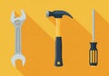 Illustration of three tools on a yellow background. A silver adjustable wrench with a Royalty Free Stock Photo