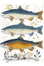 Three Colorful Trout Fish Illustration with Floral Background Royalty Free Stock Photo