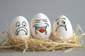 Three white eggs with drawn faces on them, smiling and crying in straw against gray background Royalty Free Stock Photo