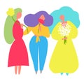 Illustration of three women with flowers staying together