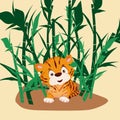 Illustration of a tiger cub in bamboo.