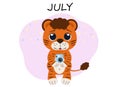 Illustration of a tiger cub in the month of July with a camera polaroid