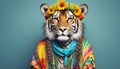 Tiger wearing hippy clothes: The idea of the humanization of animals Royalty Free Stock Photo