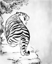 Big Tiger. Illustration Of A Tiger. Portrait Of A Wild Crouching Cat. The Picture Of A Predator.