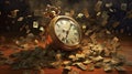 Illustration of a time is a money cconcept with clock and falling money made by Generative AI