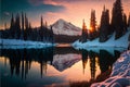 Tipsoo lake sunset, scenery background, nature, mountains Royalty Free Stock Photo