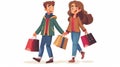 An illustration of a tired young man carrying many paper bags, a happy woman walking away with a card full of purchases Royalty Free Stock Photo