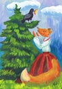 Illustration to the fable by I.A. Krylov `Crow and a fox`. Children`s drawing Royalty Free Stock Photo