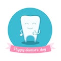 Illustration to the International Dentist Day. Happy Tooth smiling and showing thumbs up.