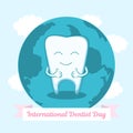 Illustration to the International Dentist Day. Happy Tooth smiling and showing thumbs up