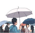 Illustration of crowd of people with rain coats and umbrellas in color