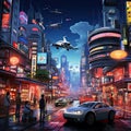 Illustration of Tokyo in the year 2100, with neon lights, towering skyscrapers, and flying cars