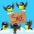Illustration with tomtits and wooden banner, concept of holiday sales