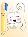 Cute and smiling tooth, toothbrush and floss. Dental hygiene