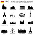 Illustration of top 16 sights of Germany on white background