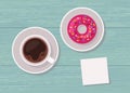 Illustration of top view table with cup of coffee, donut and blank note for text Royalty Free Stock Photo