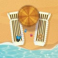 Top view of umbrella and sunbeds on the beach Royalty Free Stock Photo