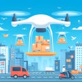 Illustration on the topic of delivery of goods and parcels by drones Royalty Free Stock Photo