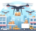 Illustration on the topic of delivery of goods and parcels by drones Royalty Free Stock Photo